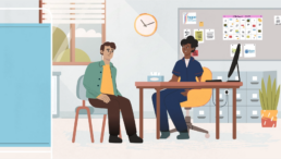 A doctor and patient in a doctor's office shown in a medical education animation