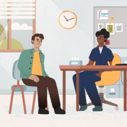 A doctor and patient in a doctor's office shown in a medical education animation